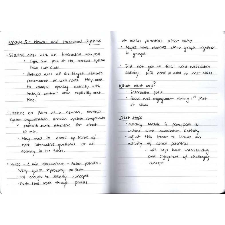 Module 3 - Neutral and Hormonal Systems. Started class with an interactive web poll. Type one part of the nervous system from last class. Answers were all on target. Students remembered or used notes. May need to connect opening activity with today's content more explicitly next time. Lecture on parts of a neuron, nervous system organization, nervous system components. Students were attentive for about 10 minutes. May need to break up lecture with more interactive questions of an activity in the future. Video - 2 minutes Neuroscience - Action potential. Very quick, probably too fast. Not enough to solidify concepts. Next time walk through phases of action potential after video. Maybe have students draw graph together in groups. Did not get to final word association activity. Will need to add to next class. What went well? Interactive poll. Focus and engagement during 1st part of class. Next Steps: Modify Module 4 powerpoint to include word association activity. Adjust this lecture to include an activity with action potential - will help boost understanding and engagement with challenging concepts.