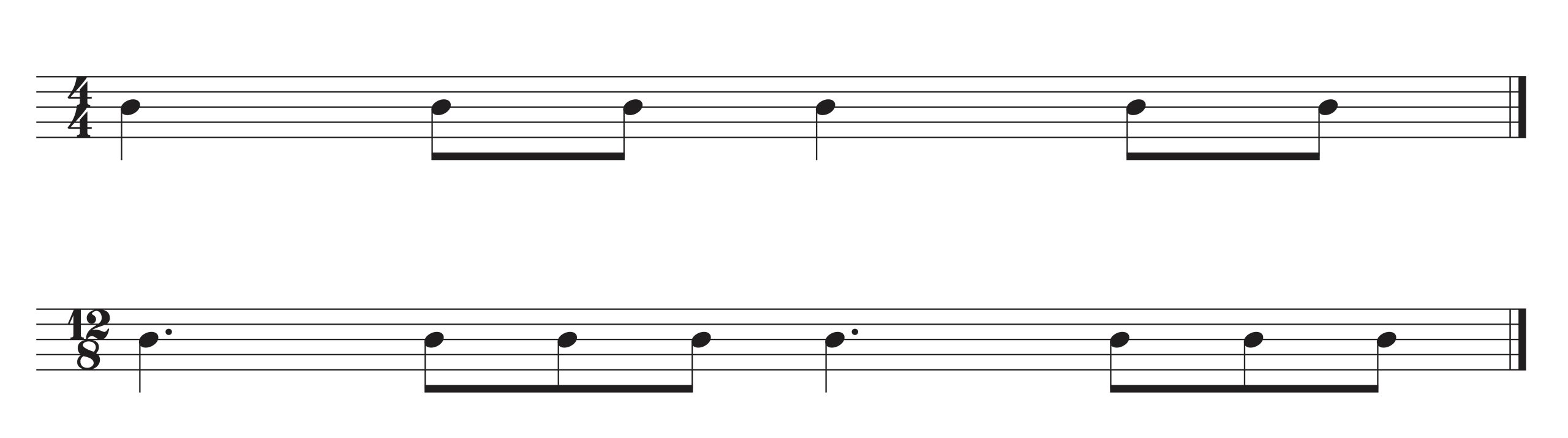 Two notated examples of beat divisions. One is in four-four meter and alternates quarter notes (beats) with pairs of eighth notes (beat divisions). The other is in twelve-eight meter and alternates dotted quarter notes (beats) with trios of eighth notes (beat divisions).