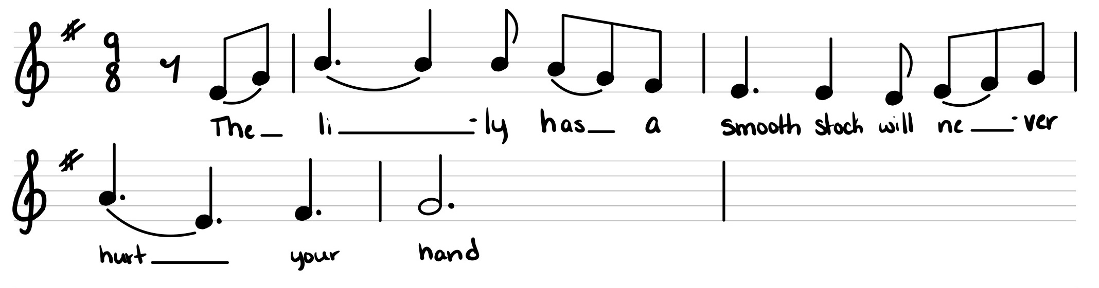 Traditional staff notation on a one-line percussion staff for the rhythms of 0:18–0:31 of the song “The Rose.” The notation is in treble clef, in E minor, and “nine-eight” meter. The lyrics are written below the noteheads.