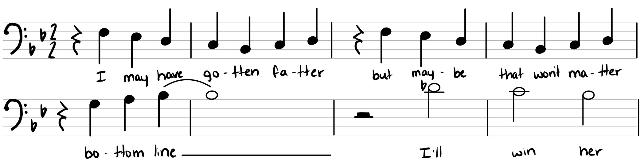 Traditional staff notation for the melody of 0:08–0:16 from the song “We’ll Go From There.” The notation is in bass clef, in B-flat major, and in “two-two” meter. The lyrics of the melody are written below the noteheads.