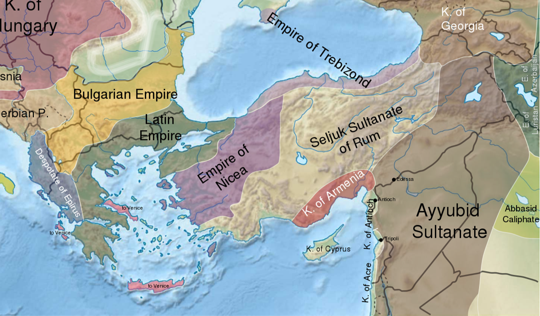 Map 12.7 | The Latin Empire in 1212 CE | The Latin Empire of Constantinople (the state established by crusaders after 1204) and Byzantine successor states