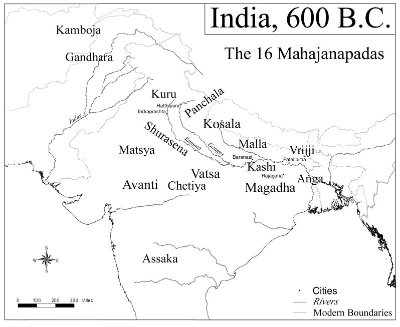 Map 3.7 | The most powerful states of the sixth century BCE | Mahajanapadas refers to the great kingdoms and oligarchies stretching along the Indo-Gangetic plains. The two capitals of Magadha–Rajagriha and Pataliputra–are also indicated.