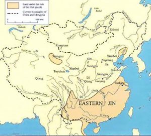 Map 4.13 | China during the Northern and Southern Dynasties | The Eastern Jin was the first of the southern dynasties, all of which had Jiankang as their capital. The north was divided up among shifting kingdoms established by non-Han chieftains. The names of these ethnic groups are indicated on the map..