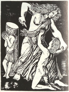 Etching of Medea slaying one of her children while the other hides his face.