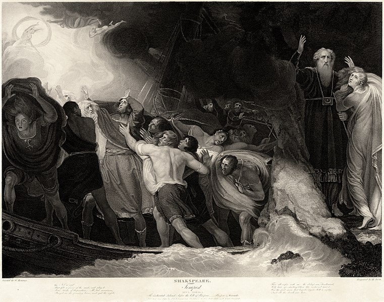 Drawing of many people on King Alonso's ship in a storm from the Tempest Act 1, Scene 1