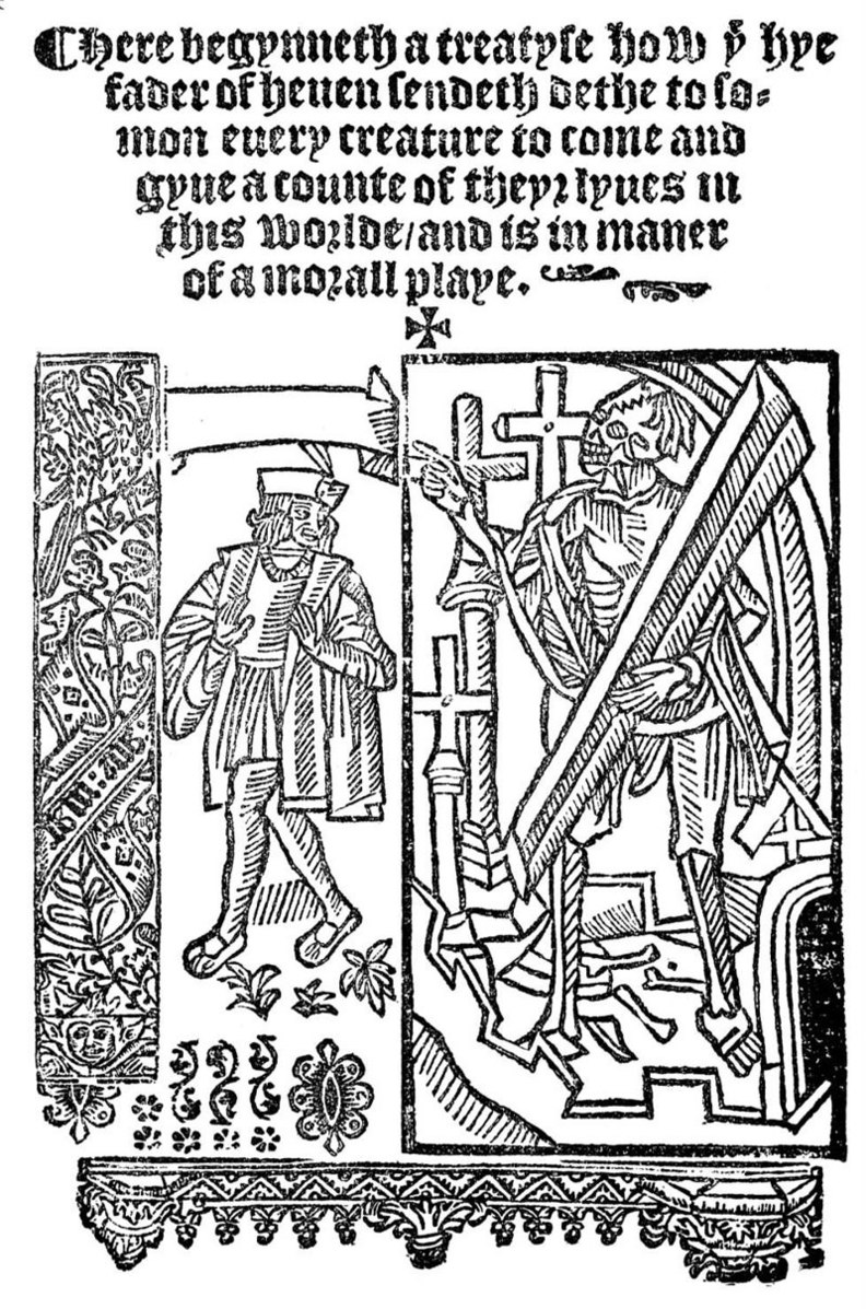 The first page of a medieval print version of the morality play ''Everyman'' (ca. 1500)