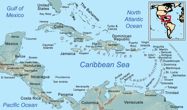 A map of the Caribbean Sea and its islands.