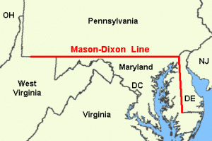 Map showing the Mason Dixon Line (in red), separating Pennsylvania to the north from Maryland and Virgina to the south