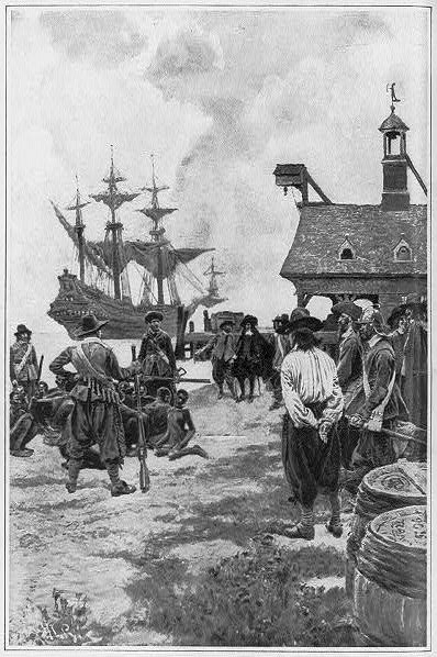 Armed privateers encircle a group of Africans sitting on the ground as colonial officials look on. A ship sits at anchor in the background.