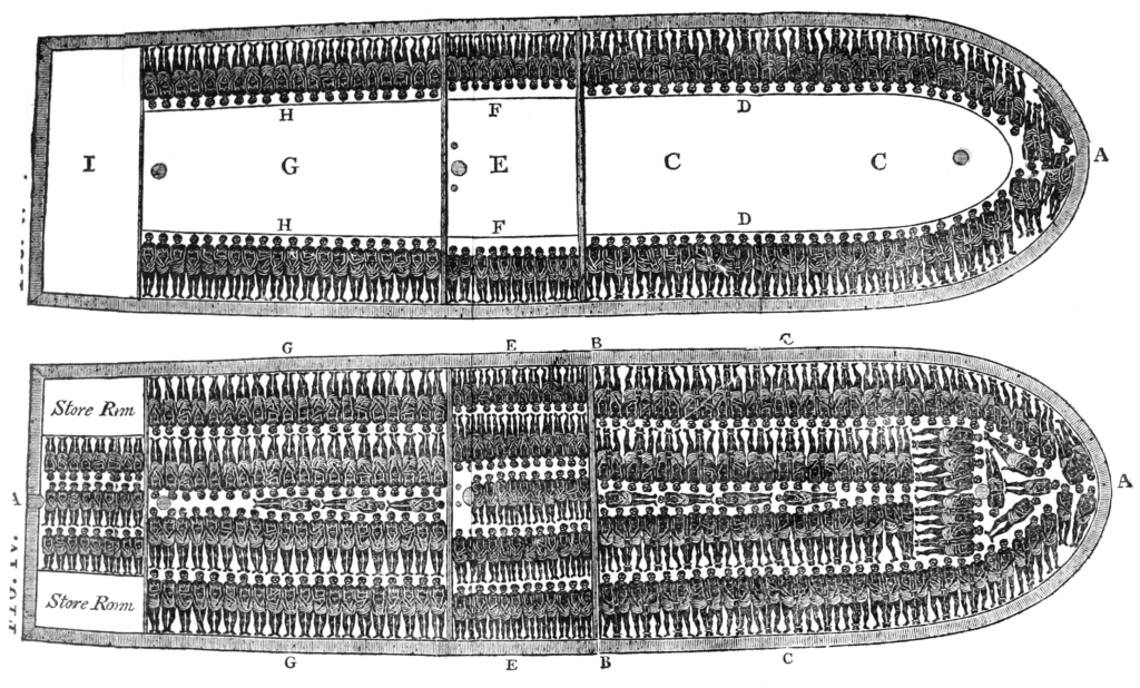 Outline of a ship with a myriad tiny figures representing slaves laying in the cargo hold of a slave ship.