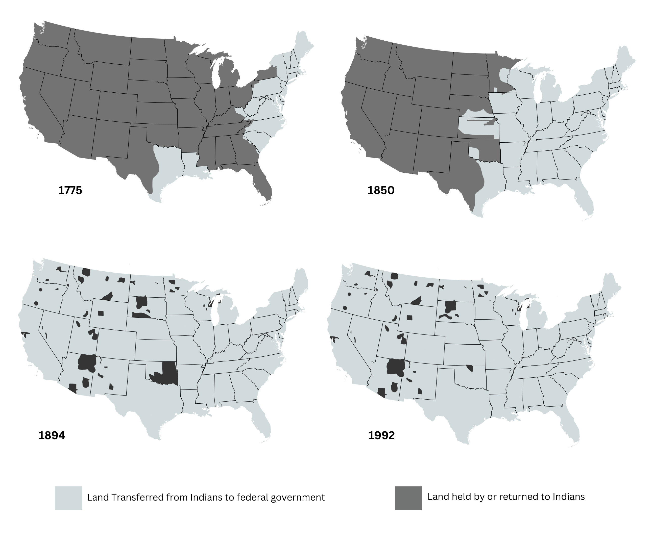 Four maps of the U.S. showing lands occupied by tribal nations in 1775, 1850, 1894, and 1992. Tribal nations occupied about 80% of the land in 1775, 50% in 1850, 8% in 1894, and 4% in 1992.