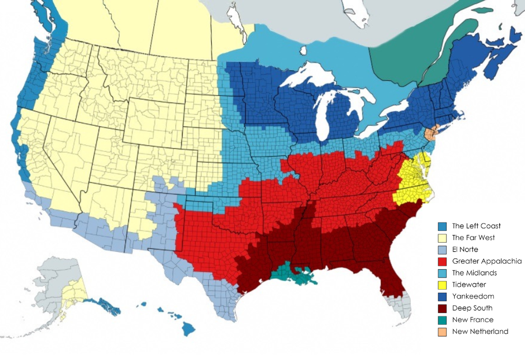 Map of the United States (including the border regions of Canada & Mexico) illustrating the eleven rival nations of North America according to Colin Woodard's popular book on the topic.