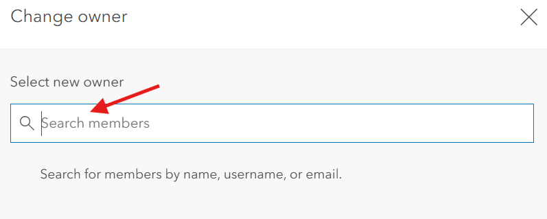 Change owner options for a StoryMap. A red arrow points to the search bar.