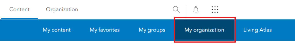 StoryMaps Content navigation bar with "My organization" highlighted in a red box.