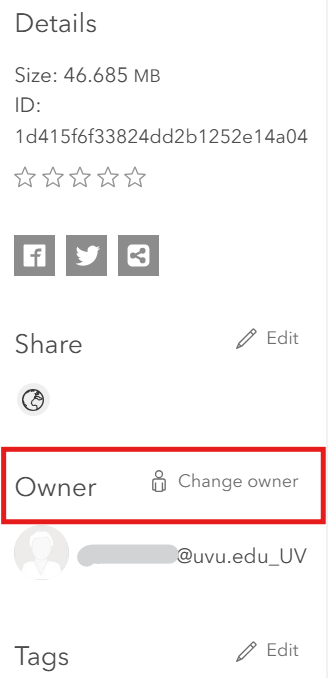 Owner options on the settings screen for a StoryMap, outlined in red.