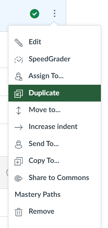 Dropdown options for a Canvas assignment with the Duplicate selection highlighted.