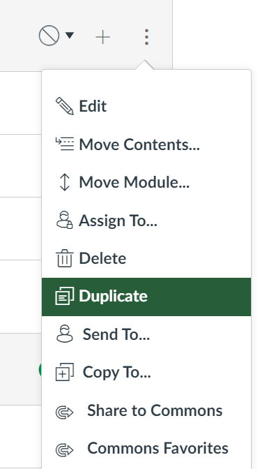 Dropdown options for a Canvas module with the Duplicate selection highlighted.