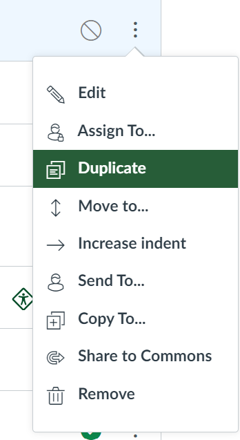 Dropdown options for a Canvas page with the Duplicate selection highlighted.