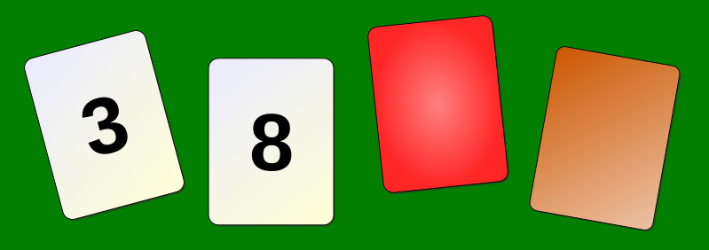 Four cards. The first is white and shows a five. The second is white and shows an eight. The third is red and has no number. The fourth is brown and has no number.