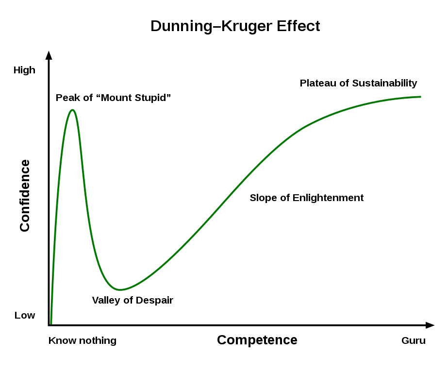 This is a graph labeled Dunning-Kruger Effect. On the y-axis it is labeled Confidence with high at the top and low at the bottom. The x-axis is labeled Competence with know nothing on the left and guru on the right. From the left to right, the graphed line is labeled Peak of "Mount Stupid," Valley of Despair, Slope of Enlightenment, and Plateau of Sustainability.