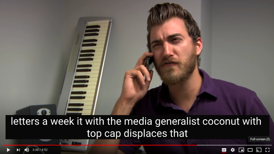 A screenshot of a youtube video of a man speaking gibberish on the phone. The closed captioning reads, "letters a week it with the media generalist coconut with top cap displaces that".