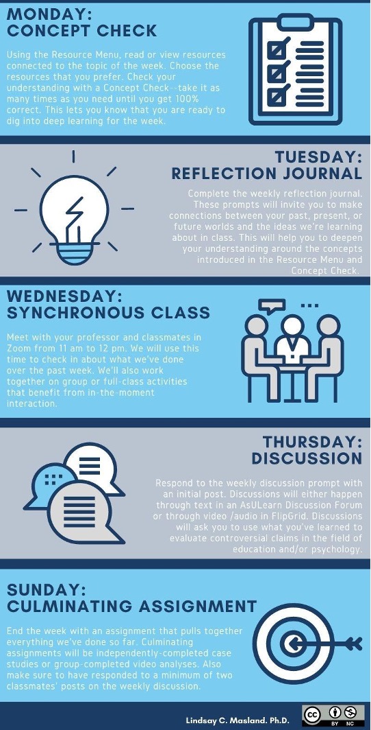 A sample course rhythm showing from top to bottom: Monday, concept check. Tuesday, reflection journal. Wednesday, synchronous class. Thursday, discussion. Sunday, culminating assignment.