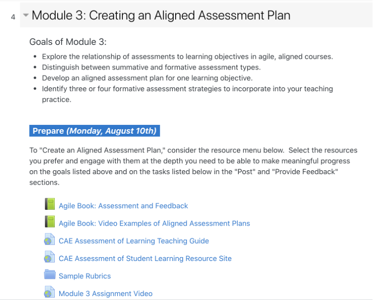 A screenshot of Module 3: Creating an Aligned Assessment Plan. The goals of Module 3 are listed as such: explore the relationship of assessments to learning objectives in agile, aligned courses, distinguish between summative and formative assessment types, develop and aligned assessment plan for one learning objective, and identify three or four formative assessment strategies to incorporate into your teaching practice. Below the list, a box labeled "Prepare (Monday, August 10th)", sits above this description: To "Create an Aligned Assessment Plan," consider the resource menu below. Select the resources you prefer and engage with them at the depth you need to be able to make meaningful progress on the goals listed above and on the tasks listed below in the "Post" and "Provide Feedback" sections. Then these resources are listed below the description: Agile Book: Assessment and Feedback, Agile Book: Video Examples of Aligned Assessment Plans, CAE Assessment of Learning Teaching Guide, CAE Assessment of Student Learning Resource Site, Sample Rubrics, and Module 3 Assignment Video.