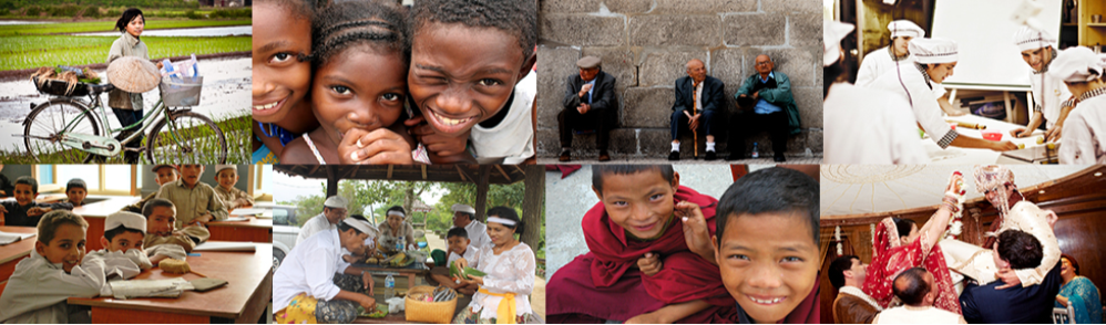 A photo montage composed of eight photographs arranged in two parallel rows of four. From the top-left-hand-side, the photos are as follows: a person with a bicycle standing in a rice paddy, three children, three elderly people sitting along a rock wall, four cooks standing around a table, a classroom of students, a group of people seated at a covered outdoor table, two children wearing robes, and two people being held up by other people during a wedding ceremony.