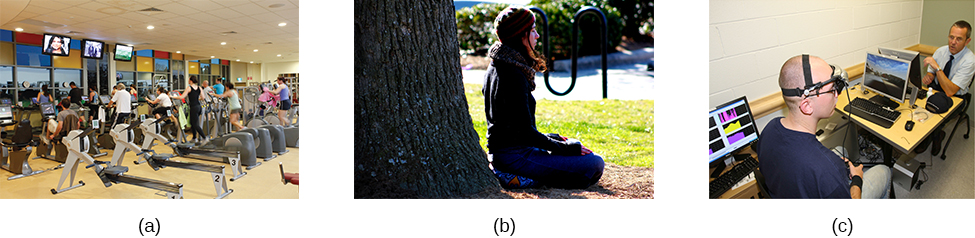 Photograph A shows an exercise room with several treadmills, elliptical machines, and stationary bikes. There are people exercising with multiple televisions hanging from the ceiling in front of them. Photograph B shows a person meditating next to a tree. Photograph C shows two people sitting across from each other at a table, each in front of a monitor. The person in the foreground has straps around the head holding up wires or devices.