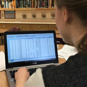 Person looking at laptop with a spreadsheet of data.