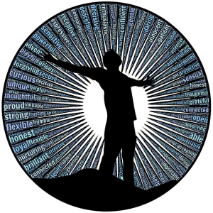 Illustration of person standing on hill surrounded by sunburst that contains words.
