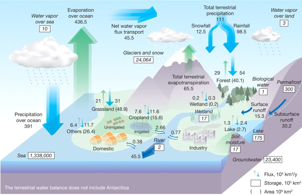 A complex diagram that visualizes the water cycle between land, atmosphere and oceans. The volume of water is shown in thousands of cubic kilometers for, in order of volume: oceans, glaciers and snow, groundwater, permafrost, lakes, soil moisture, water vapor, and rivers. The annual flux of water among these is also shown. Water vapor, evaporation, and precipitation levels are shown, with precipitation and evaporation most important.