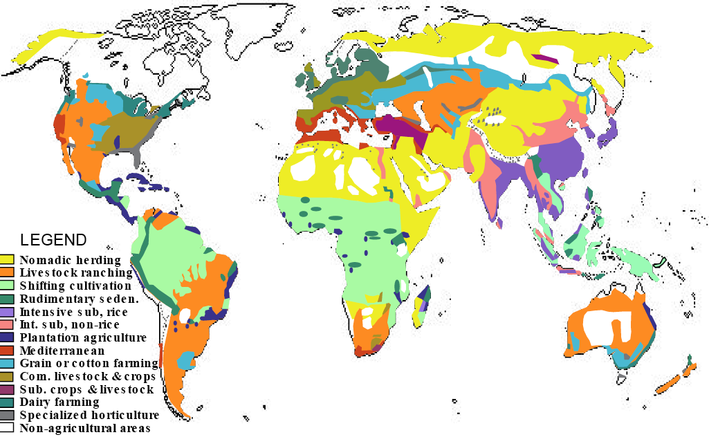 A world map, color coded to represent major forms of agricultural production. The most widely-represented production methods include Nomadic herding: Alaska, Northern Africa, central Asia, Russia; Livestock Ranching: Western US, Mexico, Brazil, Argentina, western part of Asia, South Africa, Australia; Shifting Cultivation: Northern parts of South America, Central Africa, Indonesia and the Philippines; Grain or Cotton Farming: Northern US, Russia, Southern Australia.