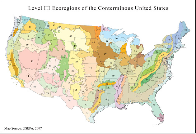 Map of 84 Ecoregions of the United States defined by predominant land cover.