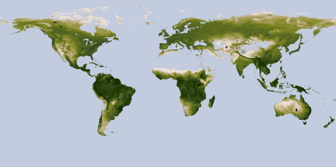 Global map of net primary productivity on land measured in kilograms of carbon per square meter generated annually through photosynthesis.  Yellow/white is lowest, dark green the highest. The areas with the darkest green follow the equatorial rainforests of Central and South America, southeast Asia including Malaysia and Indonesia, and the East coast of Australia. The most yellow/white areas include the Northern part of Africa, Greenland and Antarctica.