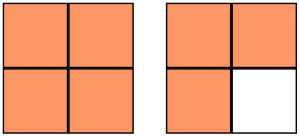Two squares cut into 4 equal parts. One square all 4 parts are colored. The other square 3 parts are colored.