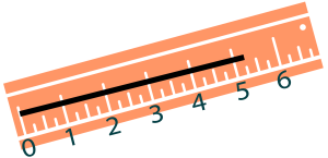 Line measured by ruler where each unit is split into 4 equal parts. Line starts at zero and goes to one part past 5.
