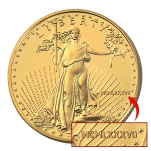 Gold coin with Roman Numerals used for date