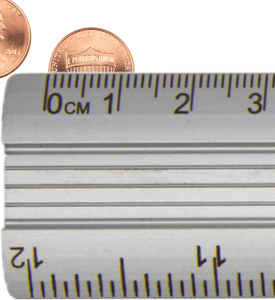 Penny against a ruler that reads 1.5 tenths of a centimeter past 1 centimeter