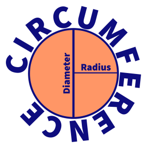 Circle showing diameter as the distance across the circle through the center; the radius has half the diameter; and the circumference as the distance around the outside of the circle.