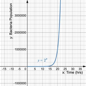 A curve rising upward from the x-axis for the equation y=2^x on a coordinate plane.