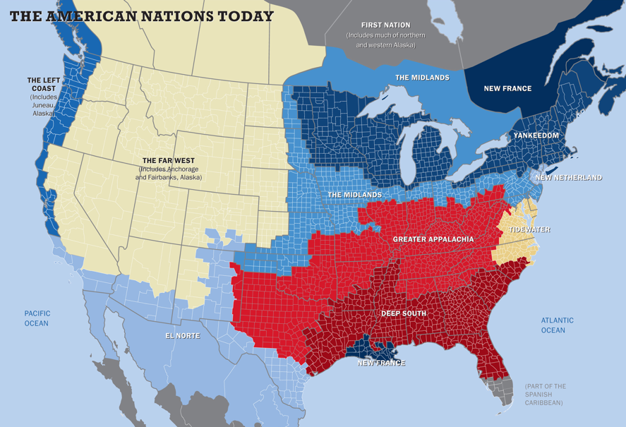 Map showing the different American nations (i.e., regions of North America) in different colors, blues, reds, gray, and cream.