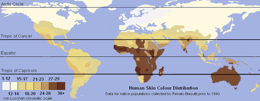 Map showing global human skin color distribution. Darker skin color indicated by varying shades of brown ranging mainly between the Tropic of Cancer (north of the equator) and the Tropic of Capricorn (south of the equator). The norther hemisphere gets progressively lighter from mustard to cream. North and South America show mostly mustard and cream.
