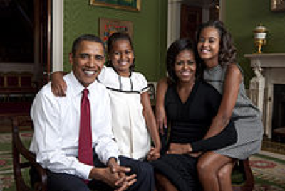Barack Obama and family in the Whitehouse Green Room