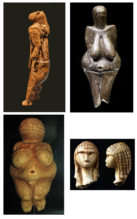 Löwenmensch (upper left); Venus of Dolní Věstonice (upper right) Venus of Willendorf (lower left); Venus of Brassempouy (lower right)