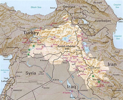 Map showing the Kurdish occupied area surrounded in clockwise order by Turkey, Armenia, Iran, Iraq, and Syria.