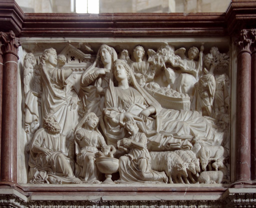 Nicola Pisano, Annunciation, Nativity, and Adoration of the Shepherds, relief panel on the pulpit of the baptistery, Pisa, Italy, 1259-1260, marble.