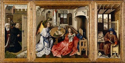 Robert Campin (Master of Flémalle), Mérode Altarpiece (open), c. 1425-1430, Tempera and oil on wood. Central panel 25” x 25” and each wing 25” x 10-3/4”. Metropolitan Museum of Art, New York.