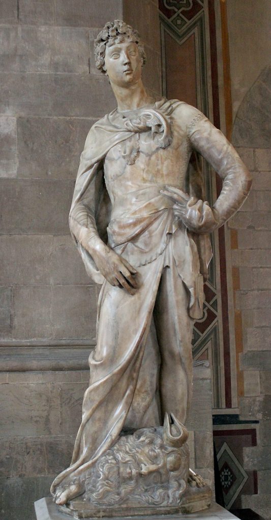 Donatello, David, 1408–09, marble, 191 x 57.5 cm (Museo Nazionale de Bargello, Florence; photo: Miguel Hermoso Cuesta, CC BY-SA 4.0)