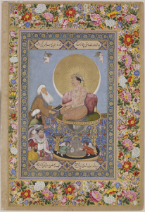 Bichitr, Jahangir Preferring a Sufi Shaikh to Kings, from the St. Petersburg album, 1615-1618, watercolor painting, 25.3 cm x 18cm.